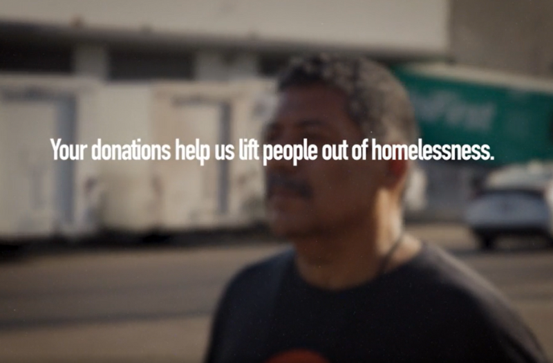 Photo of client with text that reads "Your donations help us lift people out of homelessness."